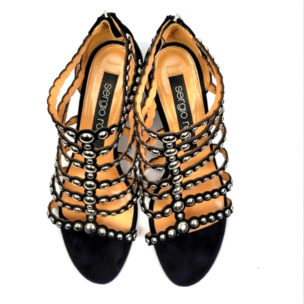 Sergio Rossi Black Strappy Studs Block Heels Sandals size 39 - Picture 5 of 11